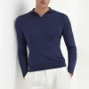 Blue thin rib long sleeve polo - Made in Italy