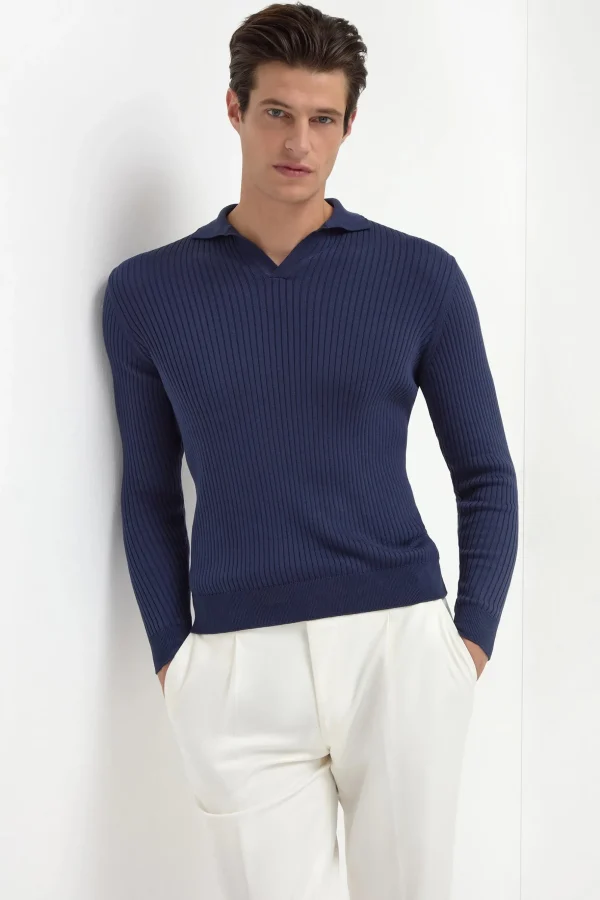 Blue thin rib long sleeve polo - Made in Italy