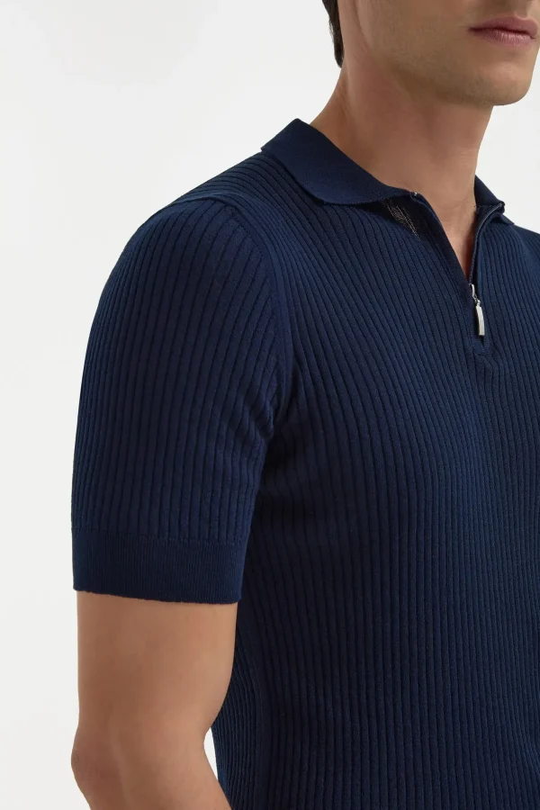 Blue thin rib zipped polo - Made in Italy