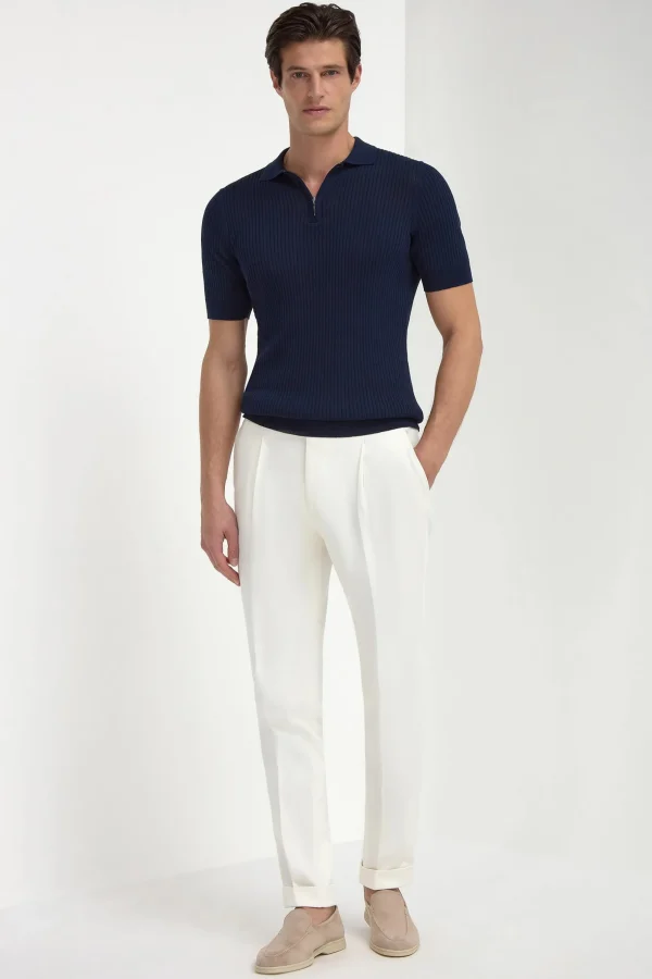 Blue thin rib zipped polo - Made in Italy