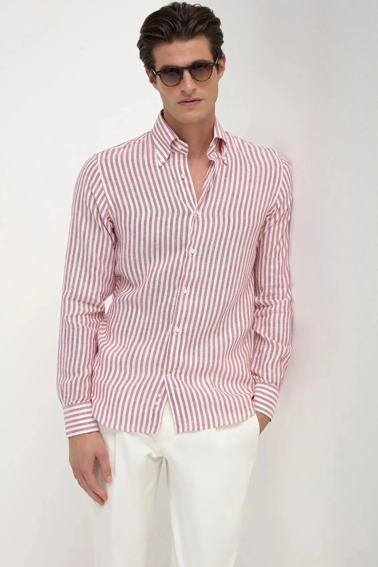 brick_striped_linen_butto_0.webp Brick striped linen button down shirt - Made in Italy