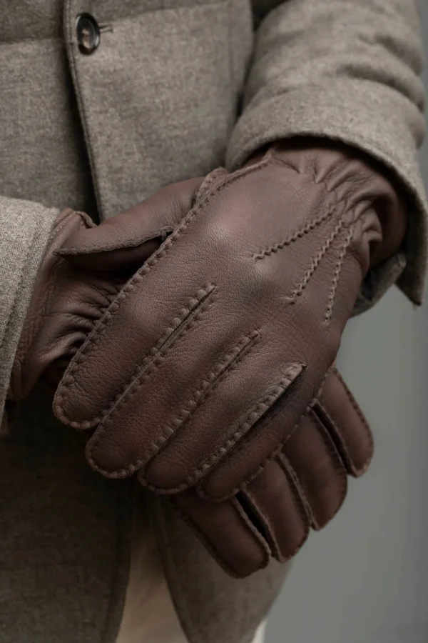 Brown Cashmere Lined Deerskin Leather Gloves - Made in Italy