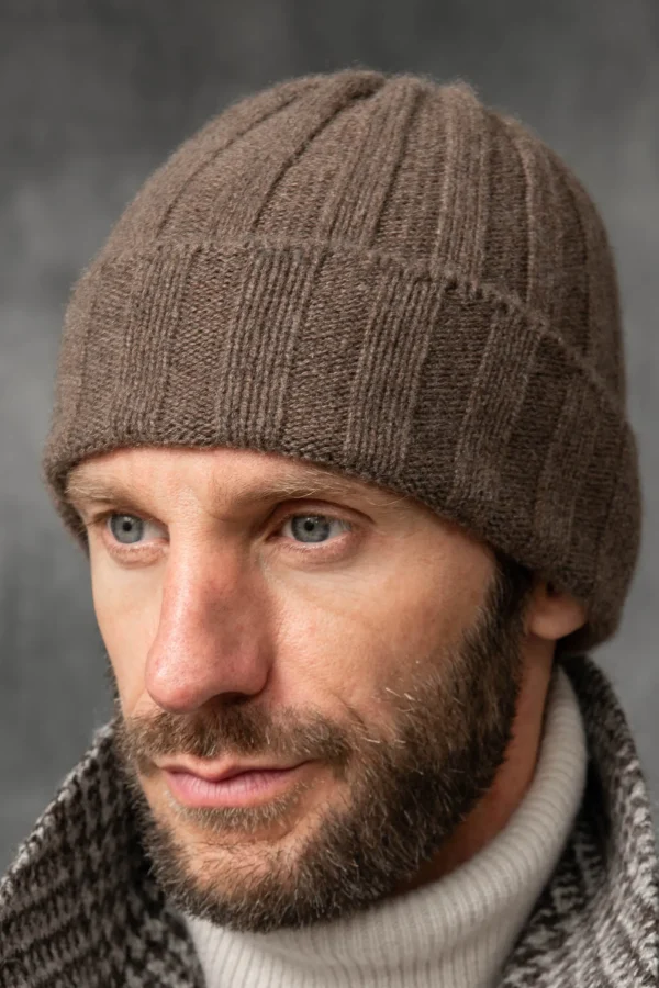 Brown Cashmere rib knit beanie - Made in Italy