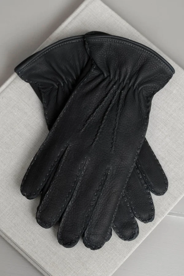 Dark blue Cashmere Lined Deerskin Leather Gloves - Made in Italy