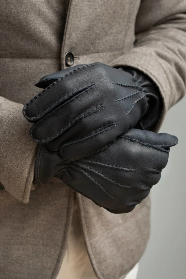 Dark blue Cashmere Lined Deerskin Leather Gloves - Made in Italy