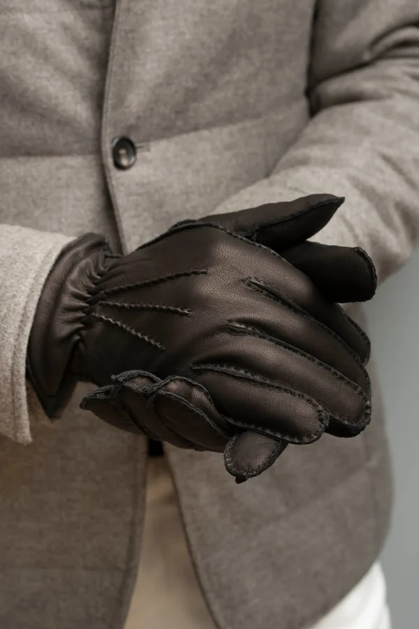 Dark brown deerskin leather gloves - Made in Italy