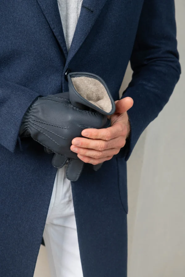 Dusty blue Cashmere Lined Deerskin Leather Gloves - Made in Italy