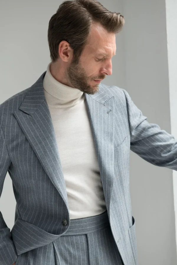 Dusty blue striped 130'S suit - Made in Italy