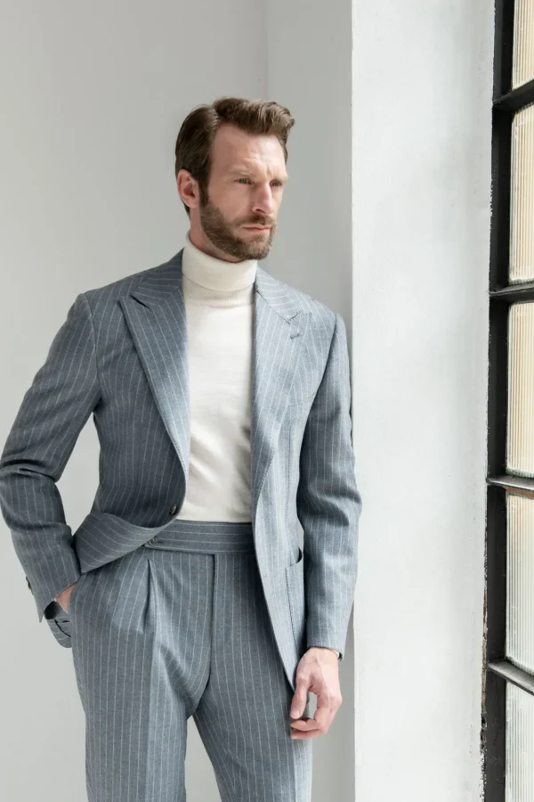 Dusty blue striped 130'S suit - Made in Italy
