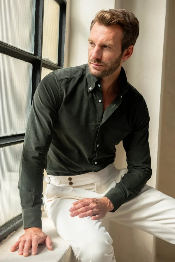 Green button down velvet effect shirt - Made in Italy
