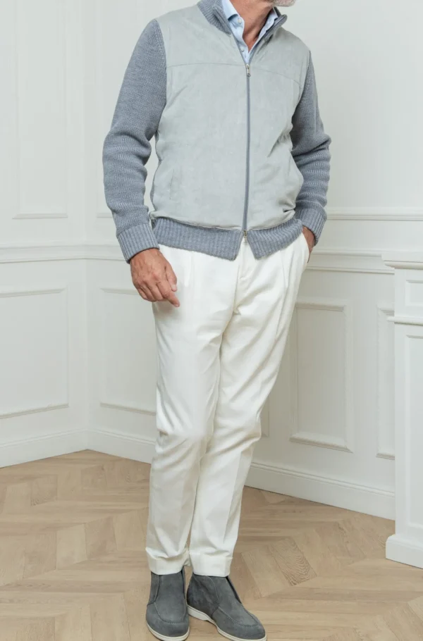 Grey and light grey cardigan - Alcantara & wool - Made in Italy