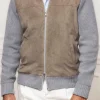 Grey and taupe cardigan - Alcantara & wool - Made in Italy