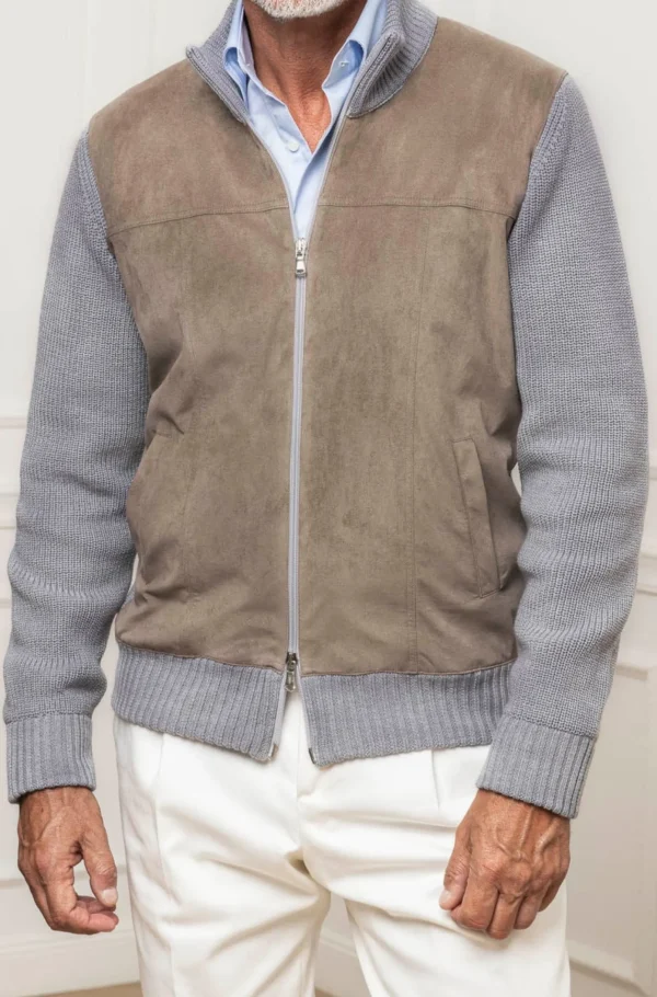 Grey and taupe cardigan - Alcantara & wool - Made in Italy