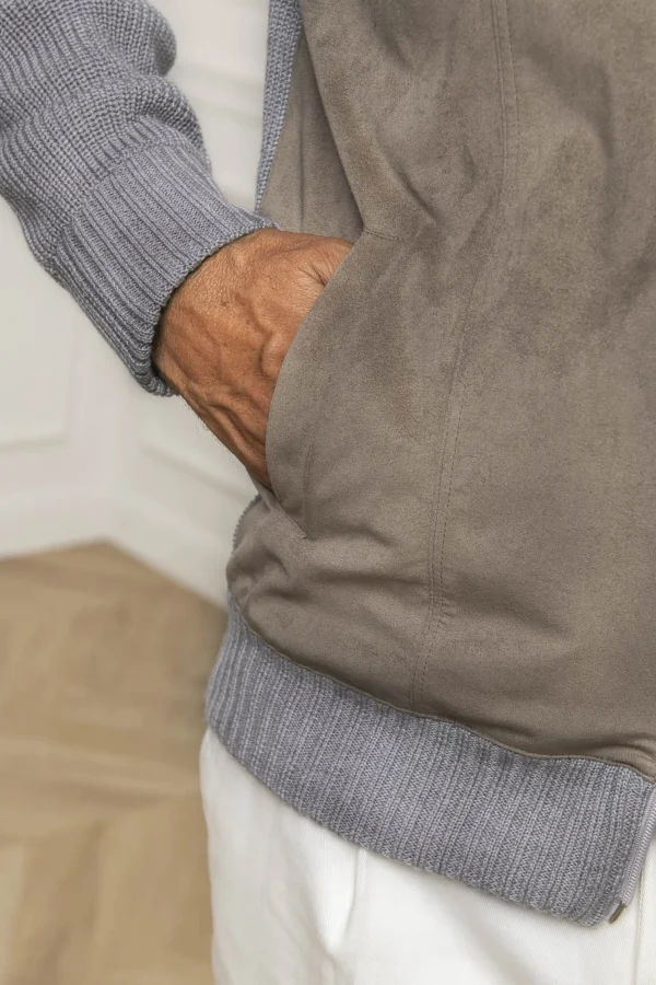 Grey and taupe cardigan - Alcantara & wool - Made in Italy
