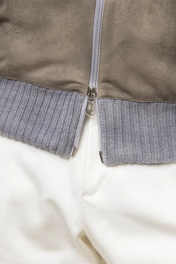 Grey and taupe cardigan - Alcantara & wool - Made in Italy