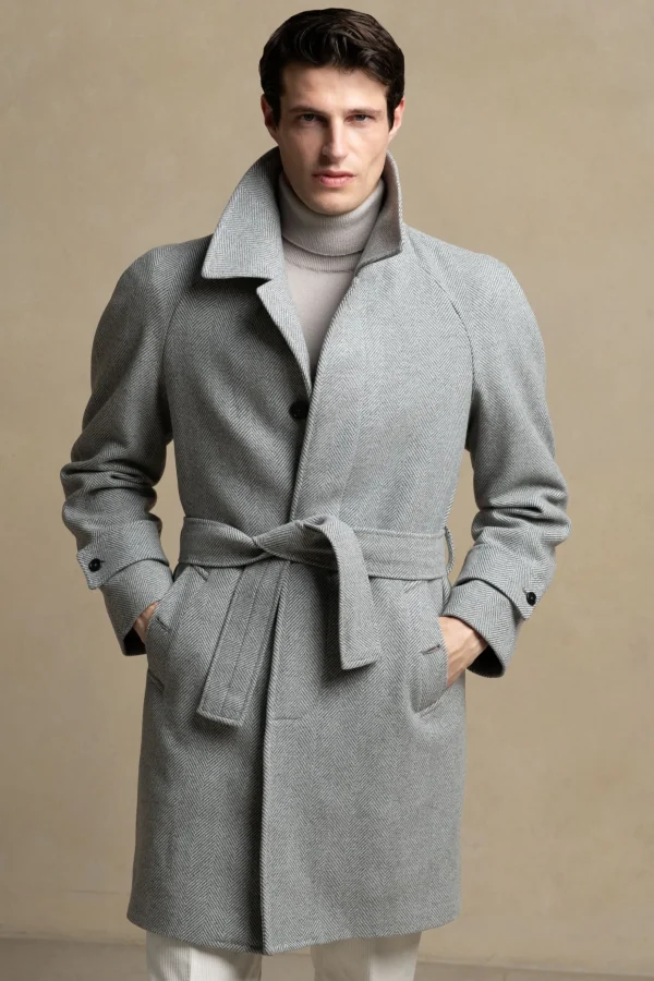 Grey herringbone Raglan coat – Made in Italy