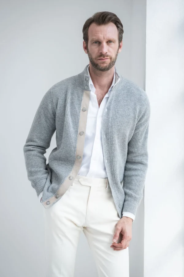 Grey ribbed cashmere blend cardigan – Made in Italy