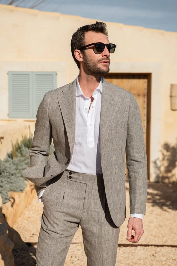 Hazelnut Prince of Wales wool and linen suit - Made in Italy