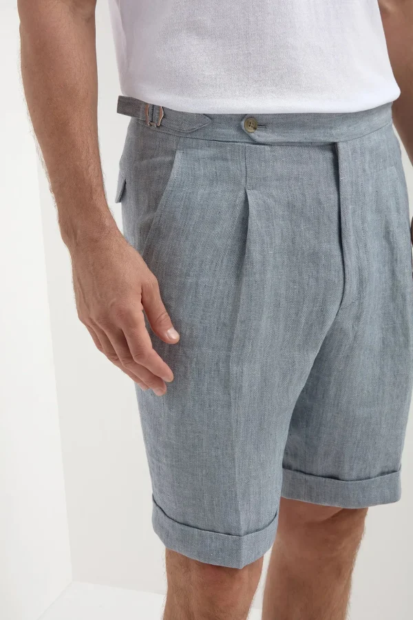 Light blue herringbone linen shorts - Made in Italy