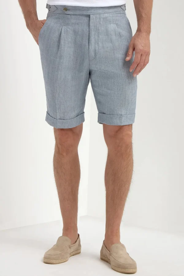 Light blue herringbone linen shorts - Made in Italy
