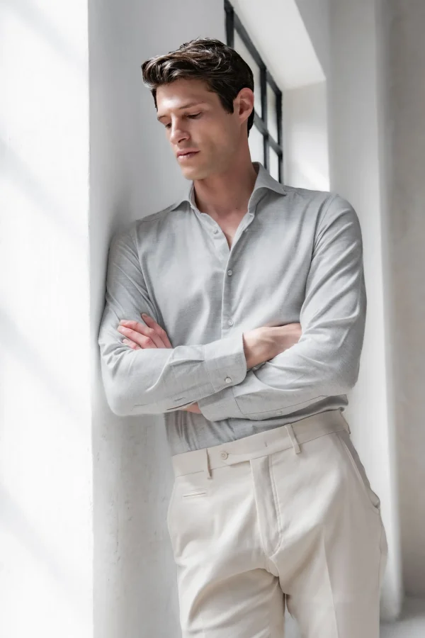 Light grey herringbone cotton and Tencel™ shirt - Made In Italy