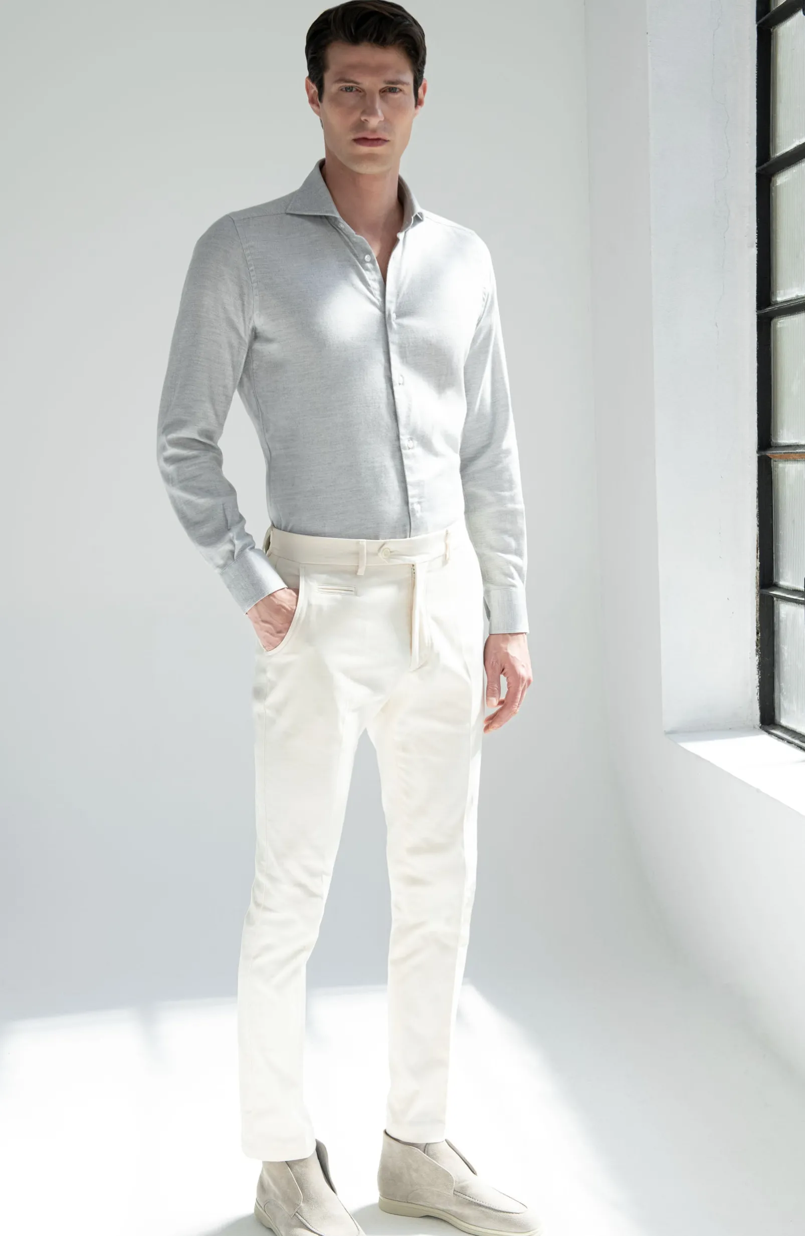 light_grey_herringbone_co_3.webp Light grey herringbone cotton and Tencel™ shirt - Made In Italy