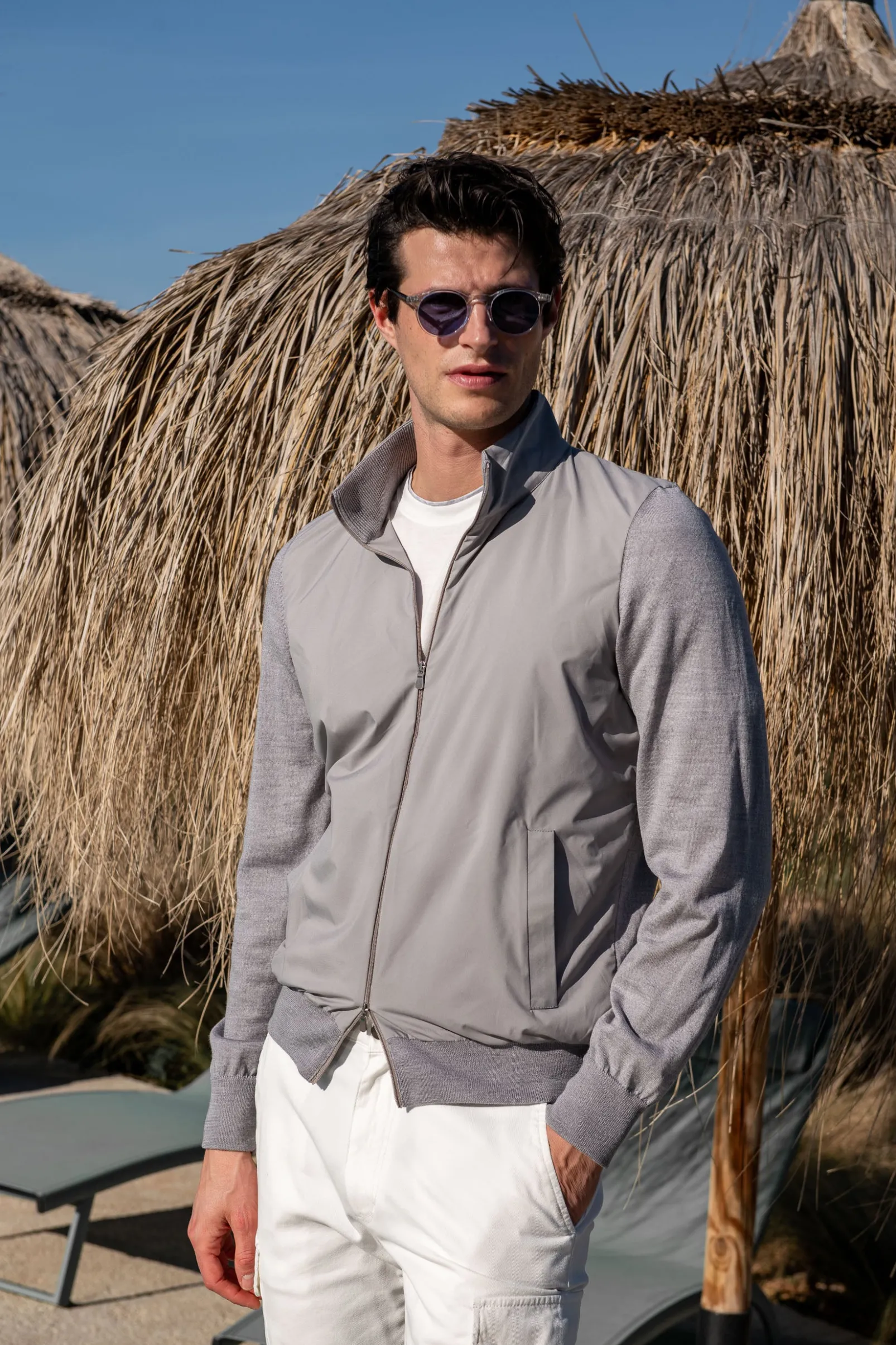light_grey_knit__nylon_bo_0.webp Light grey knit & nylon bomber jacket – Made in Italy