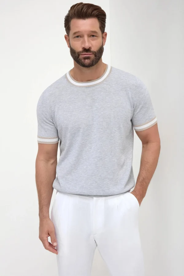 Light grey striped collar detail knitted t-shirt - Made in Italy