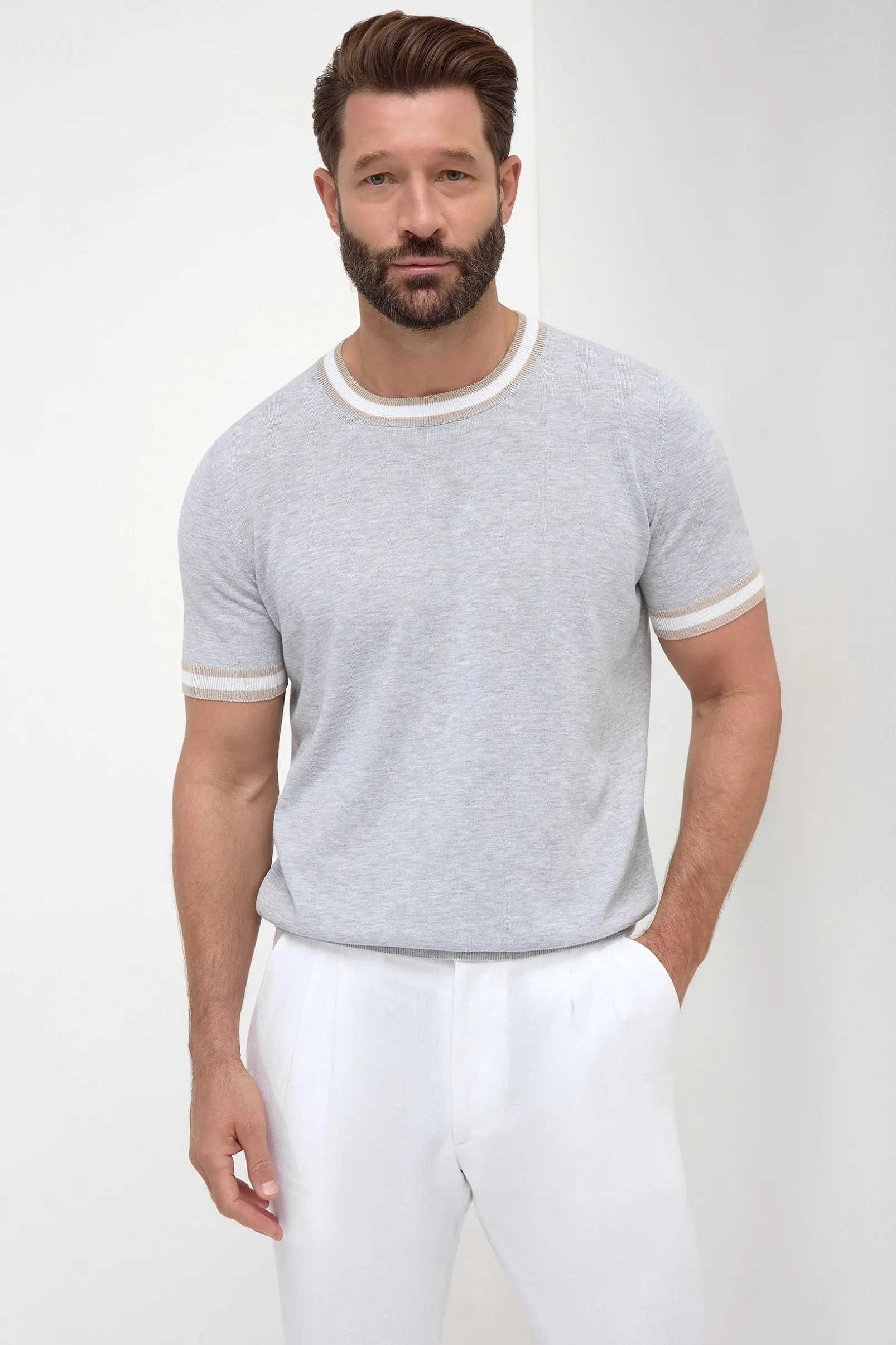 light_grey_striped_collar_0.webp Light grey striped collar detail knitted t-shirt - Made in Italy
