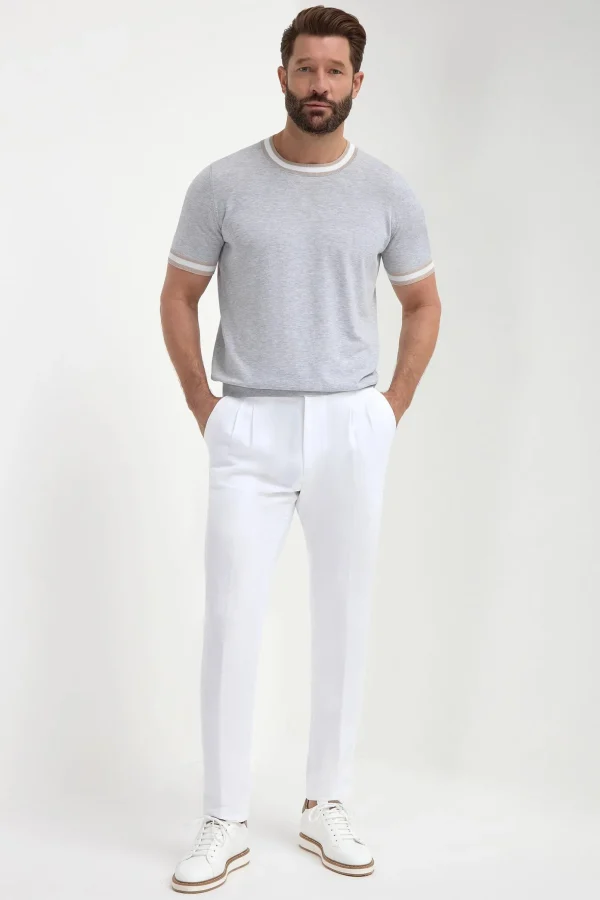 Light grey striped collar detail knitted t-shirt - Made in Italy