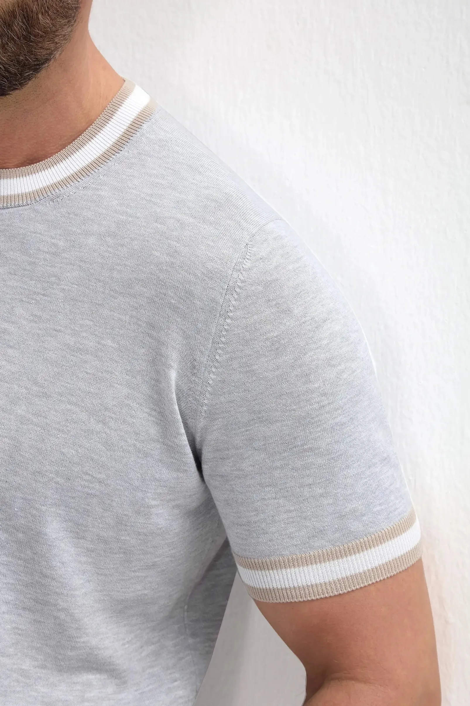 light_grey_striped_collar_3.webp Light grey striped collar detail knitted t-shirt - Made in Italy