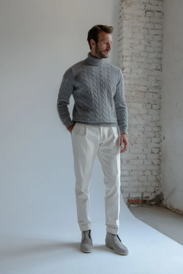 Mid grey cable knit turtleneck – Made in Italy