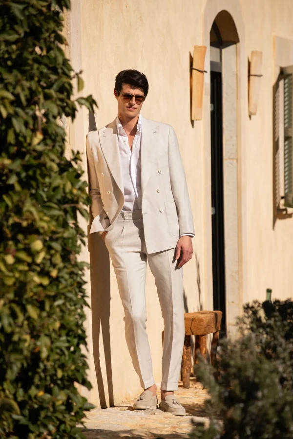 Natural herringbone double breasted suit - Made in Italy