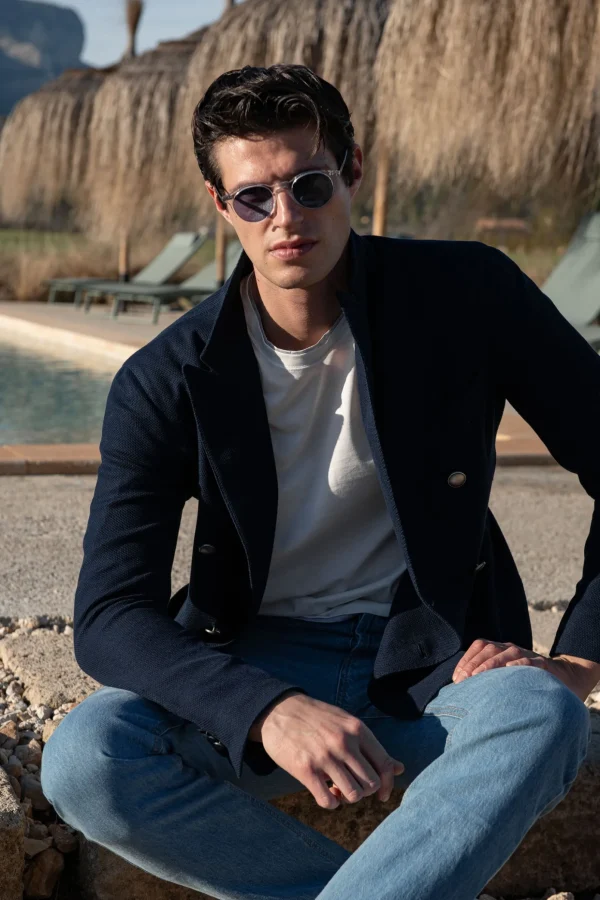Navy double breasted jersey jacket - Made in Italy