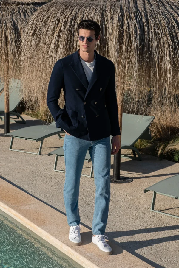 Navy double breasted jersey jacket - Made in Italy