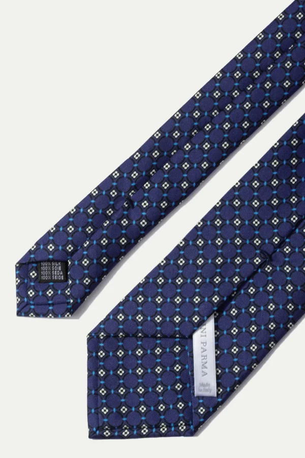 Navy fancy printed silk tie - Made In Italy