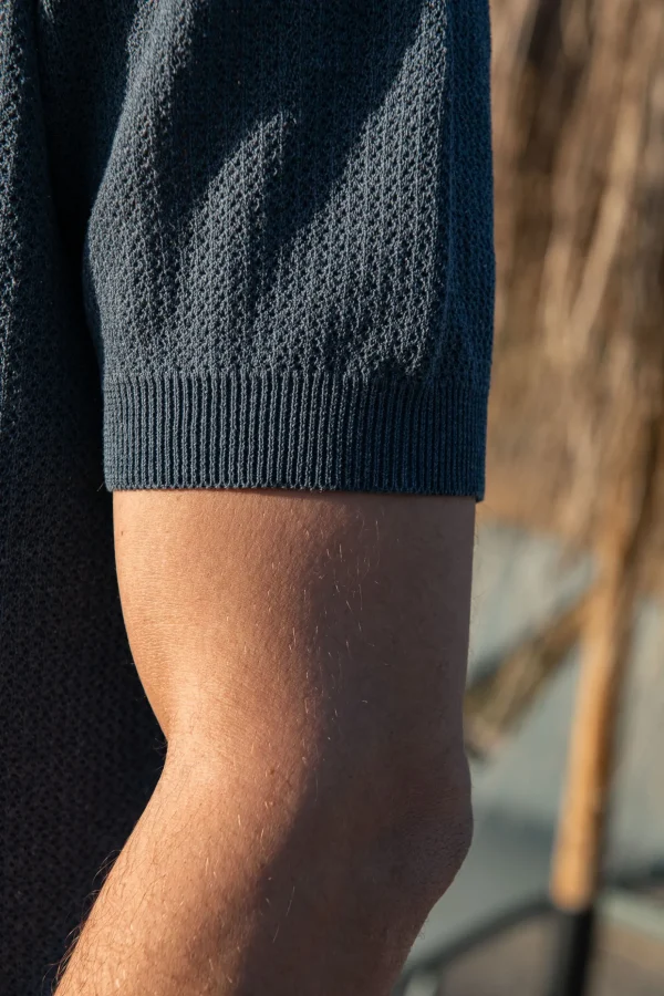 Ocean textured knit polo with zip - Made in Italy