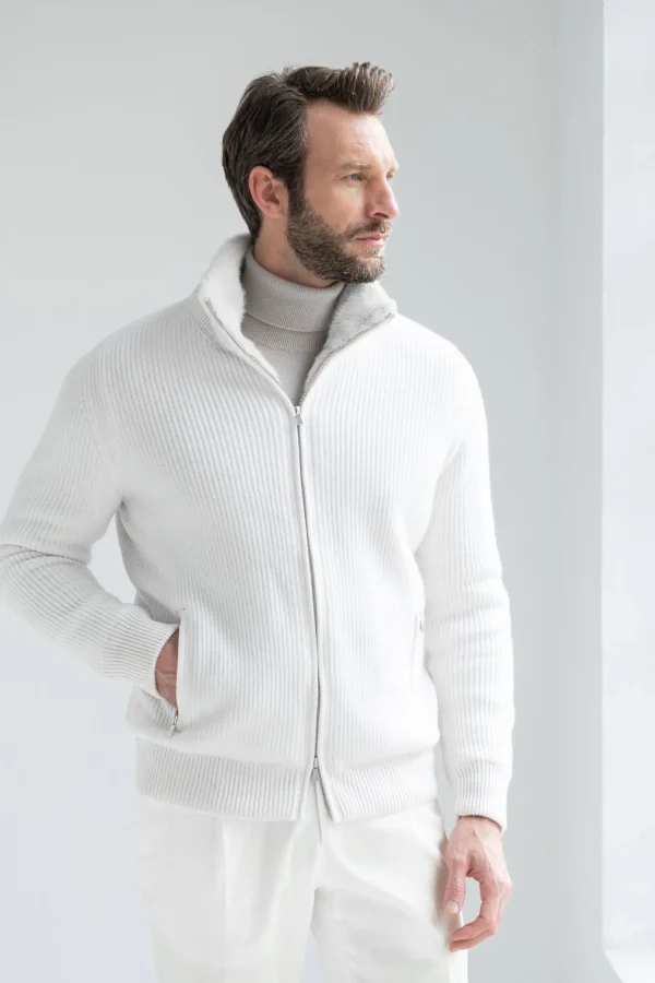 Off-white cashmere knitted bomber with fur - Made in Italy