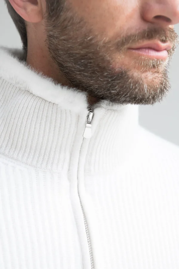 Off-white cashmere knitted bomber with fur - Made in Italy