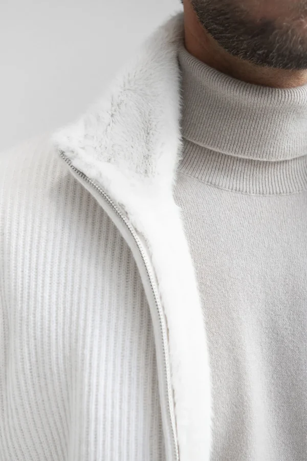 Off-white cashmere knitted bomber with fur - Made in Italy