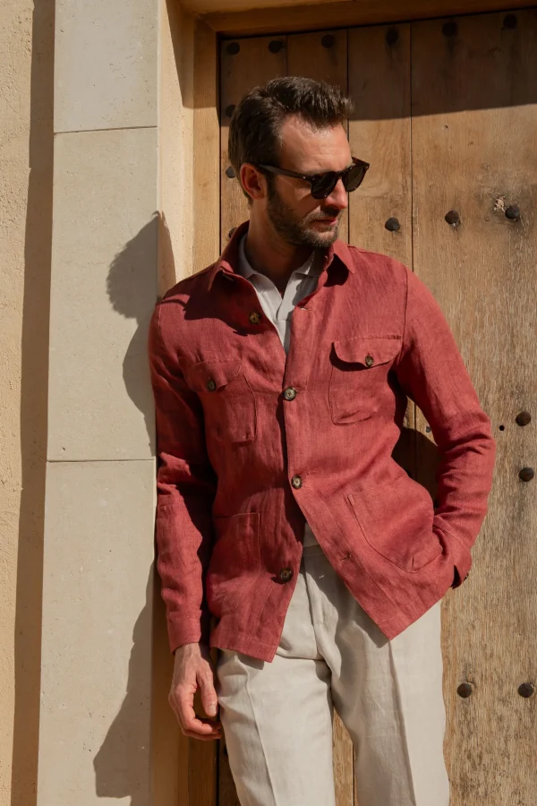 Red herringbone linen safari jacket – Made in Italy