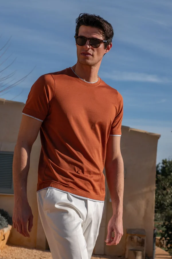 Rusty cotton t-shirt with collar detail - Made in Italy