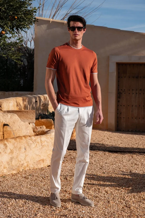 Rusty cotton t-shirt with collar detail - Made in Italy
