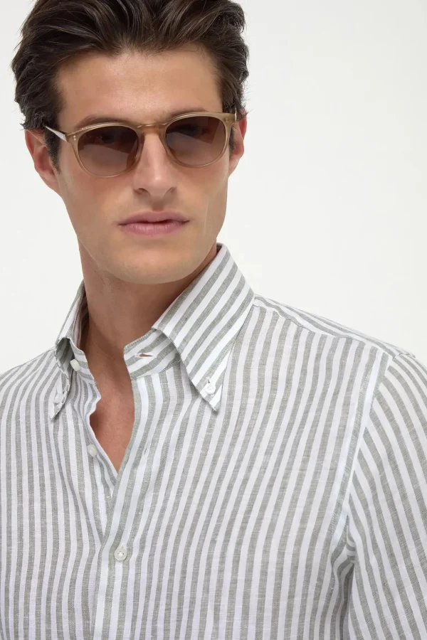 Sage striped linen button down shirt - Made in Italy