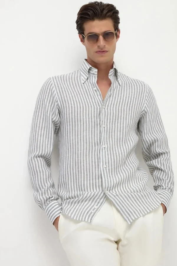 Sage striped linen button down shirt - Made in Italy