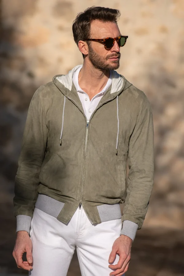 Sage suede hooded bomber jacket – Made in Italy