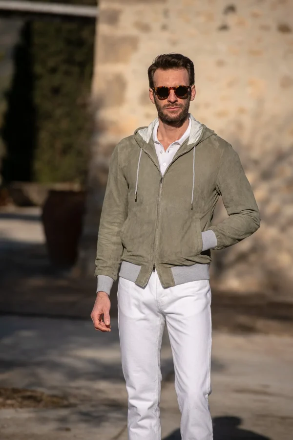 Sage suede hooded bomber jacket – Made in Italy