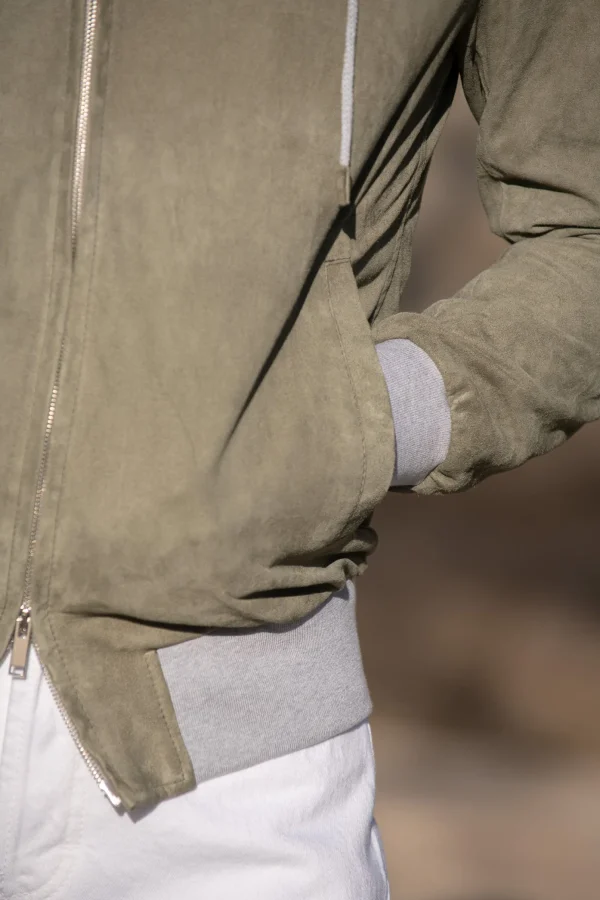 Sage suede hooded bomber jacket – Made in Italy
