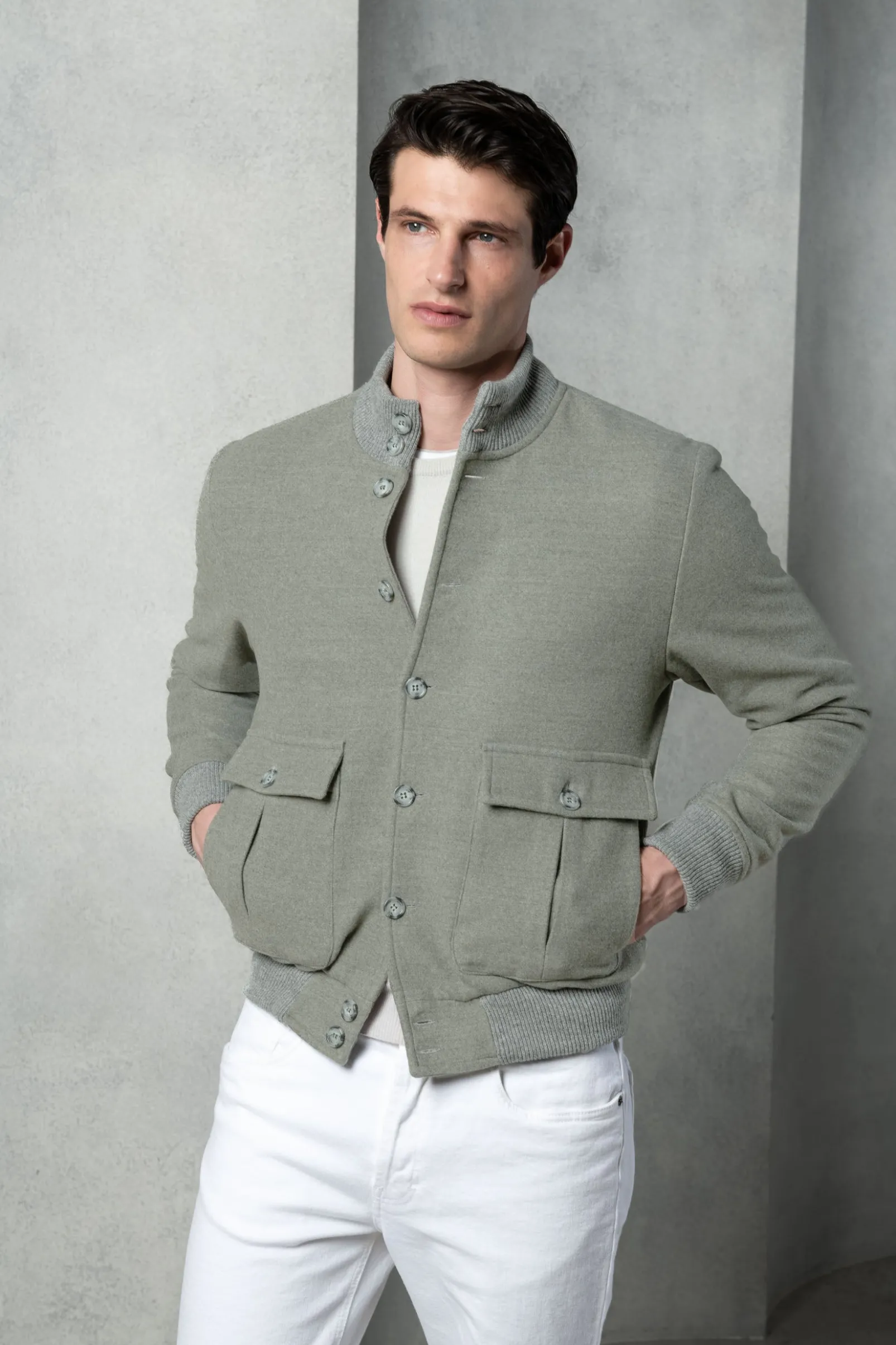 sage_super_s_wool_flannel_3.webp Sage Super 180's wool flannel bomber jacket – Made in Italy