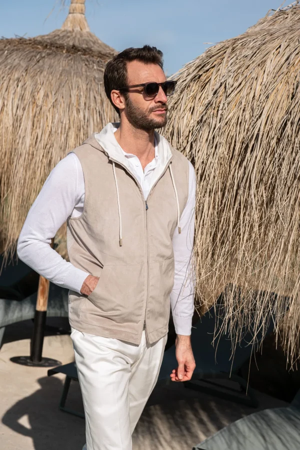 Sand alcantara hooded vest – Made in Italy